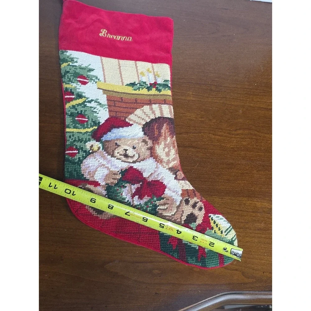Needlepoint Christmas Stocking Bear Wreath‎ Wool Velvet Personalized Breanna